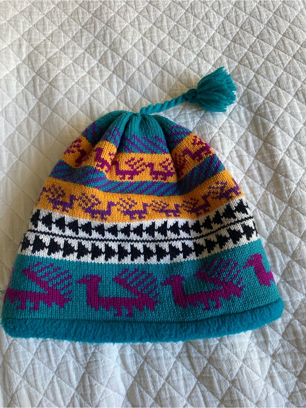 Turtle Fur Vintage Beanie Teal Llama Aztec Print Wool Fleece Ski Tassel Pom USA